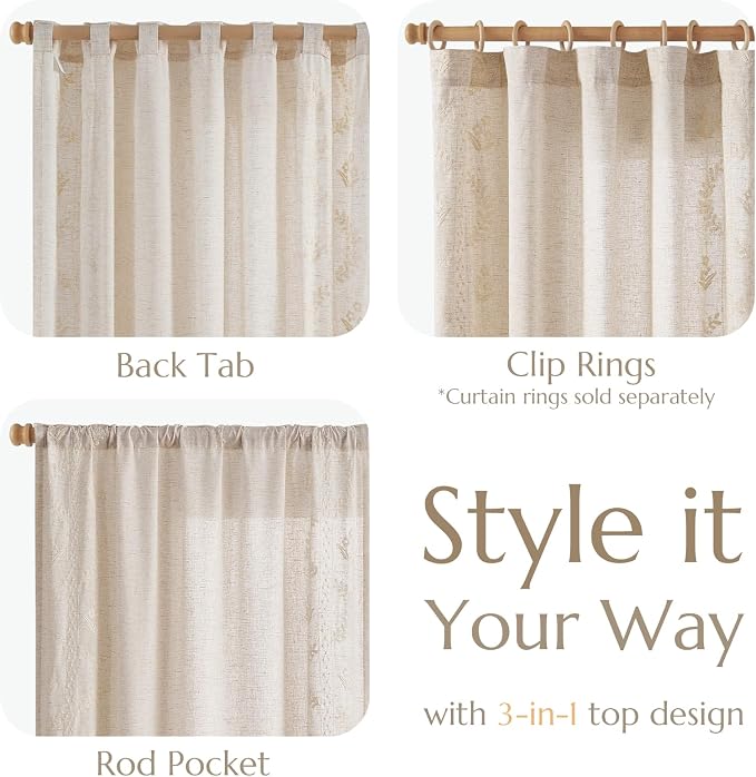 jinchan Belrose Linen Curtains for Bedroom Floral Curtains 108 Inch Length - Image 6