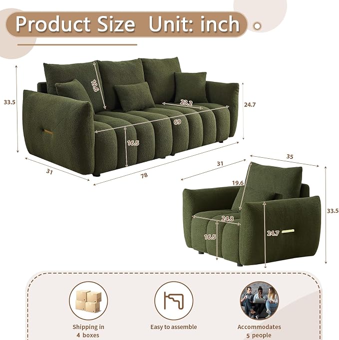 Antetek Set of 3 Teddy Sofa for Living Room, Modern 2 Units Deep Seat Sofa - Image 2