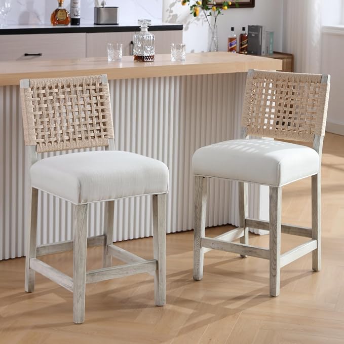 27" White Bar Stools for Kitchen Counter, Mid Century Linen Fabric Counter - Image 4