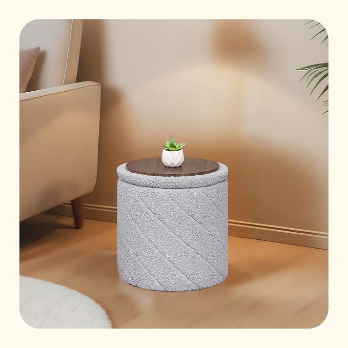 PINPLUS Ottoman with Stroage Round Boucle Ottoman and Tray Sherpa Removable - Image 6