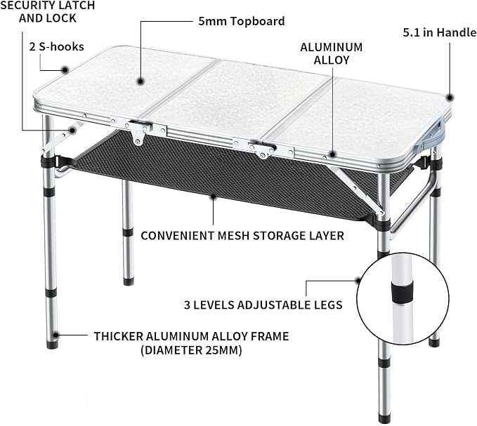 Yriuat Folding Camping Table 3ft Portable Picnic Table Adjustable Height Small - Image 4