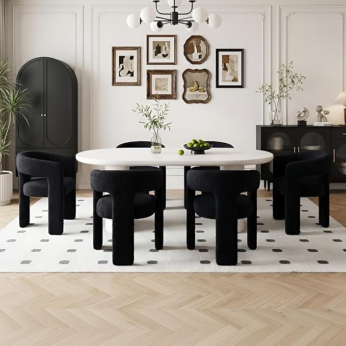 Black Dining Chairs Set of 6, Upholstered Sherpa Barrel Chairs by QUINJAY