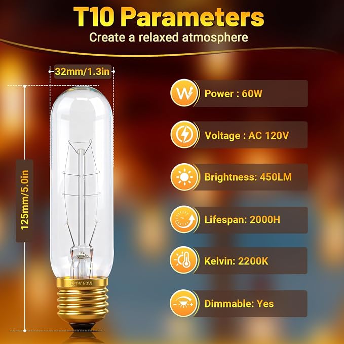 T10 Tubular Light Bulbs 60 Watt Incandescent Light Bulb, T10 Bulb, 120V 60W - Image 3