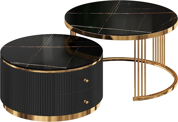 Modern 2 Pieces Black Round Nesting Coffee Table - Image 9
