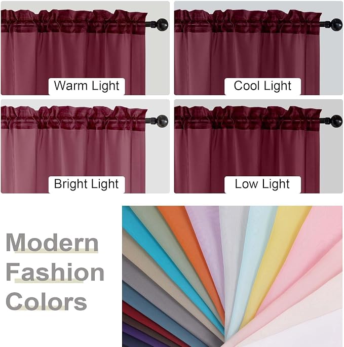 Kitchen Curtains 24 Inch Length Tier 2 Pieces, Burgundy Sheer Curtain Solid - Image 5