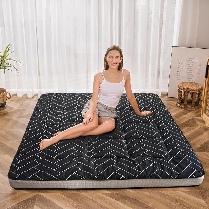 MAXYOYO Black Geometric Pattern Futon Mattress, Japanese Floor Mattress Quilted by MAXYOYO