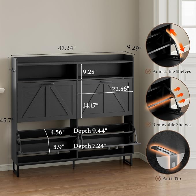 BORNOON Shoe Cabinet with 4 Flip Drawers Narrow Shoe Storage Cabinet Organizer - Image 2