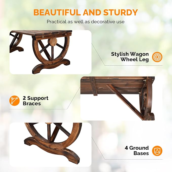 VINGLI Rustic Wooden Wheel Bench Outdoor Bench, Patio Bench Wagon Slatted Seat - Image 4