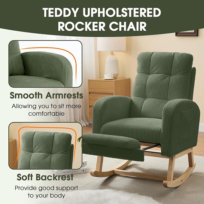 NIOIIKIT Nursery Rocking Chair, Corduroy Upholstered Rocking Chair - Image 6