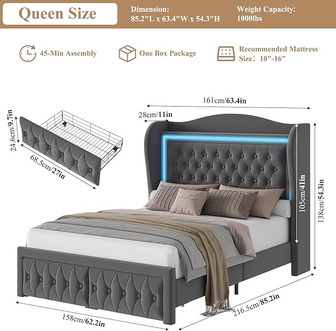 Queen Bed Frame 55" Tall Headboard - Image 2