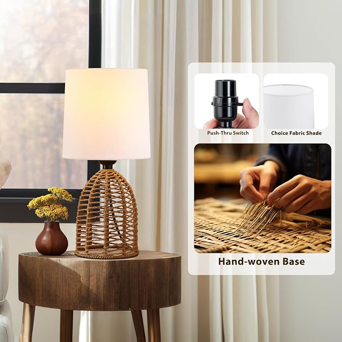 EJIAXIN Rattan Lamp Boho Lamps Set of 2-13.75" Mini Farmhouse Table Lamp Rustic - Image 4