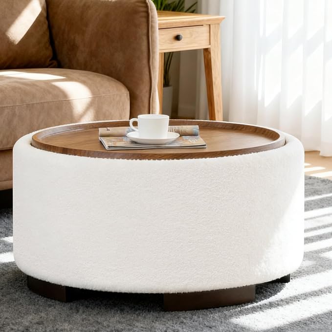 29.5 Inch Round Storage Ottoman Coffee Table, Modern Circle Coffee Table by Coziture