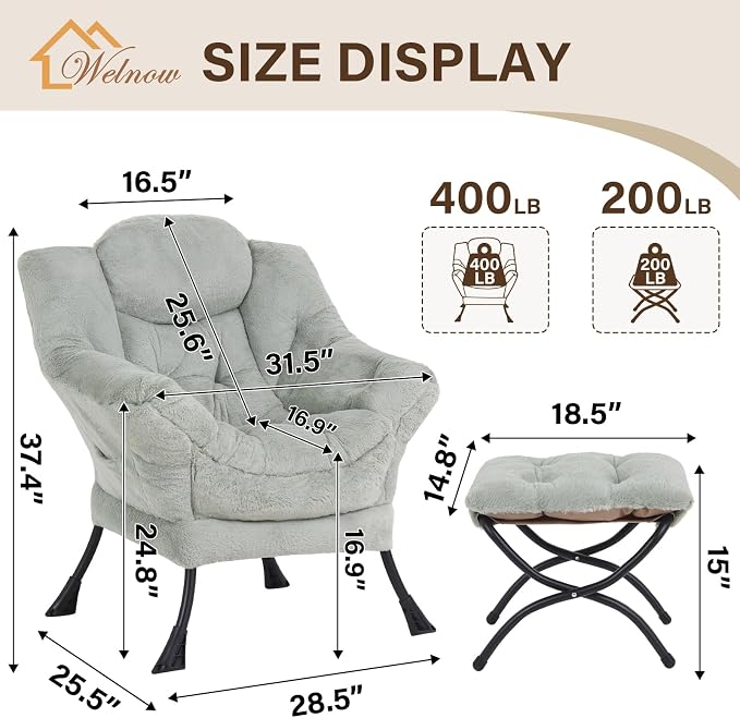 Welnow Lazy Chair with Ottoman, Modern Accent Chair with Armrests and a Side - Image 3