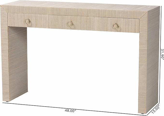 bali & pari Cielo Bohemian Woven Natural Grasscloth 3-Drawer Console Table - Image 3