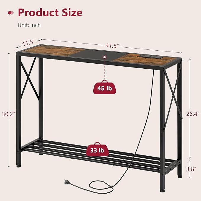 Tajsoon Console Table with Charging Station, 41.8" Entryway Table with Shelves - Image 3