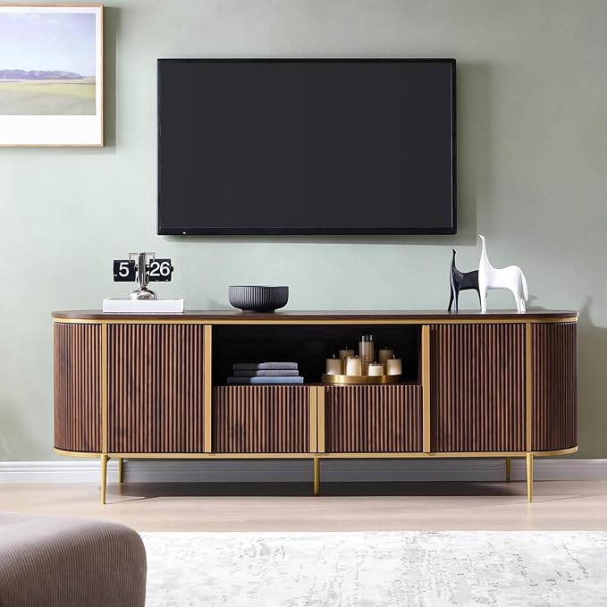 OKD 70" Fluted TV Stand with Storage, Faux Marble Top Entertainment Center - Image 2