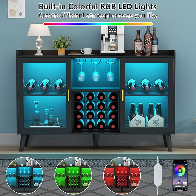 Auromie Wine Bar Cabinet with Led Light, Home Coffee Cabinet with Wine and - Image 5