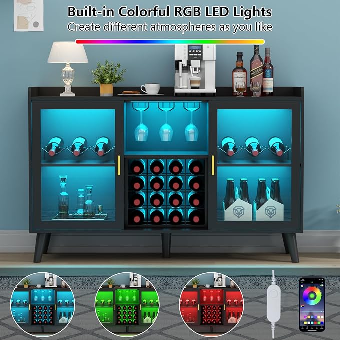 Loomie Wine Bar Cabinet with LED Light, Home Coffee Cabinet with Wine Rack and - Image 5