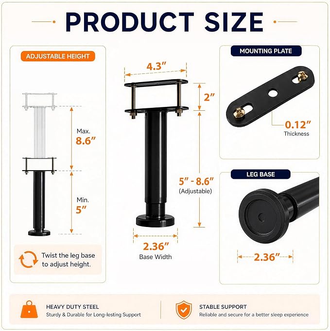 2Pcs Adjustable Height Bed Frame Support Leg, Extra Sturdy Steel Bed Frame - Image 2
