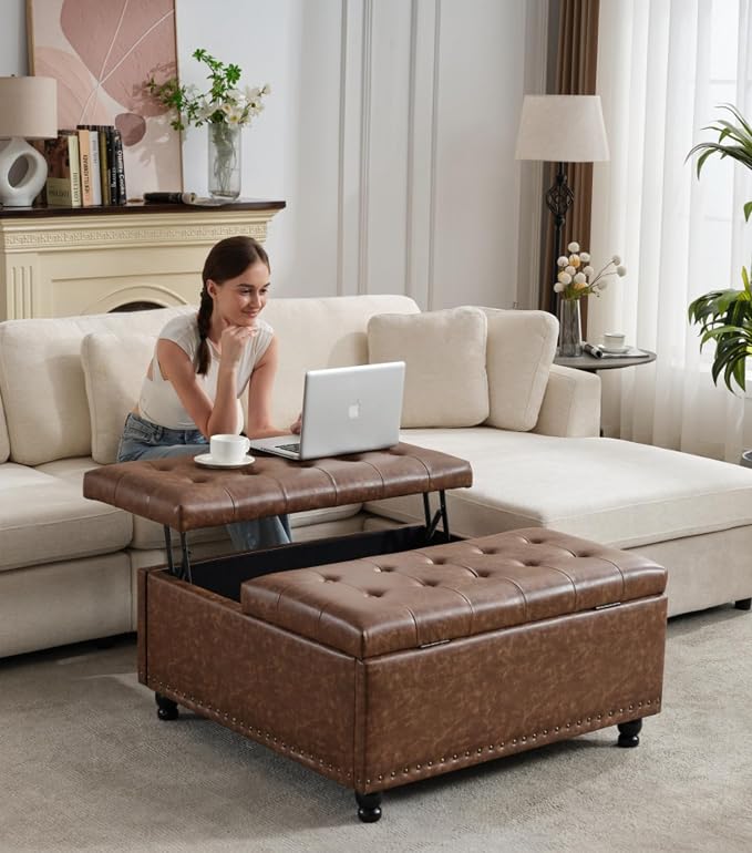 Tbfit Large Square Storage Ottoman Bench, Tufted Upholstered Coffee Table - Image 7