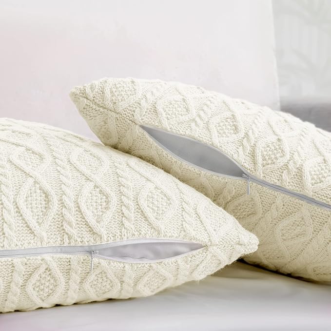 Homiest Cable Knit Throw Blanket & Pillow Set, Cream White Set of 3, Knitted - Image 4