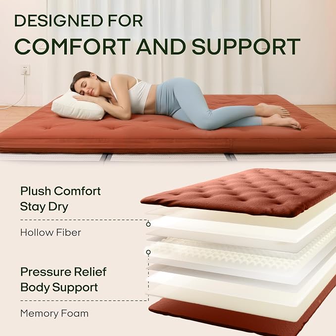 ZonLi Japanese Floor Futon Mattress Queen Size 80"x 60", 100% Cotton Cover 4'' - Image 3