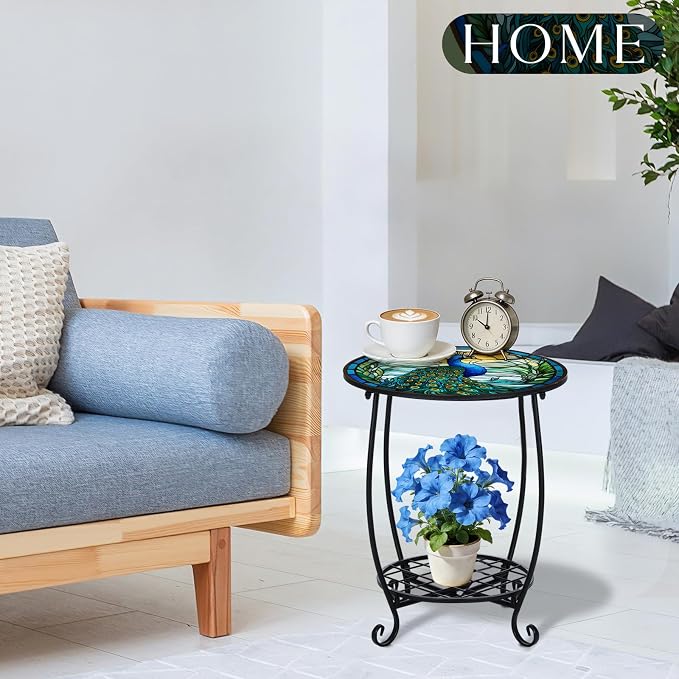 Cinnvoice Outdoor Side Table Round Small Mosaic Patio Accent Indoor End Plant - Image 7