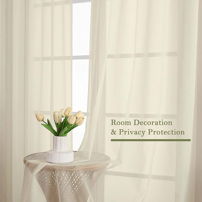 Lecloud Cream Sheer Curtains for Bedroom 90 Inches Long 2 Pcs, Rod Pockets - Image 4