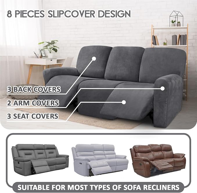 ULTICOR Velvet 8-Pieces Recliner Sofa Covers Stretch Reclining Couch Covers - Image 2