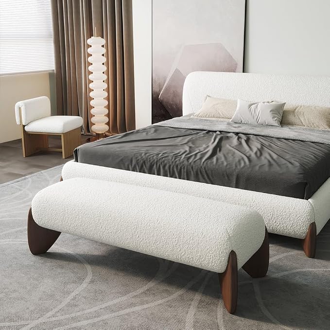 homary Curva Modern White Boucle King Size Platform Bed Set & Bedroom Bench - Image 8