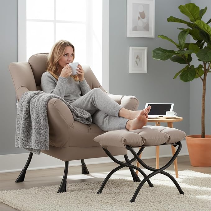 Welnow Lazy Chair with Ottoman, Modern Reading Accent Chair with Armrests and a - Image 9