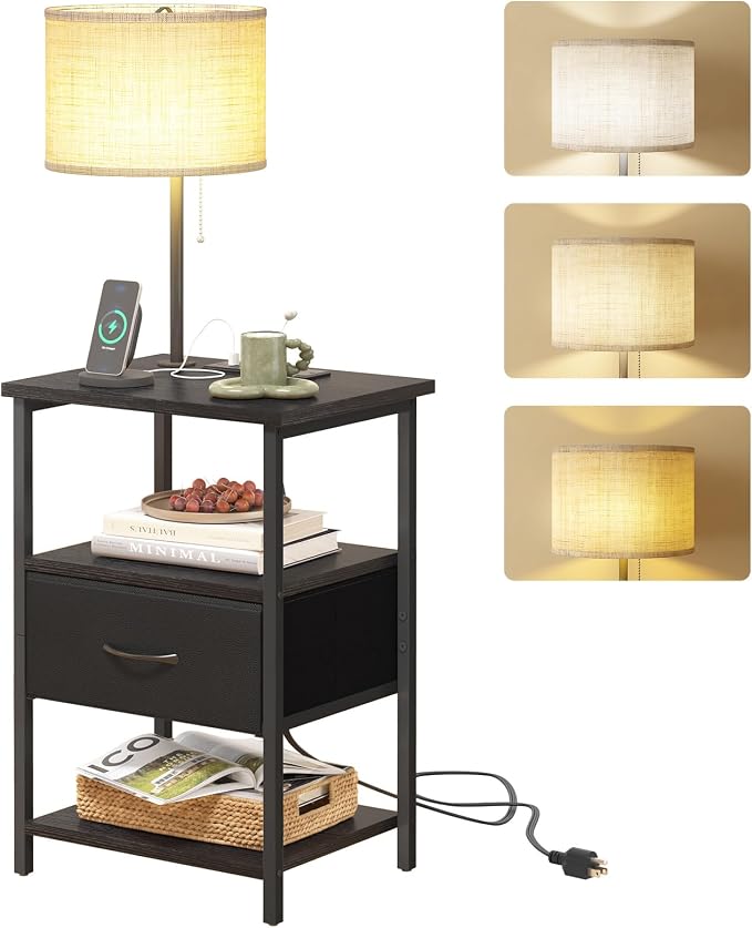 Fixwal Nightstand with LED Lights Bedside Table with 3 Color Temperatures Bulb by Fixwal