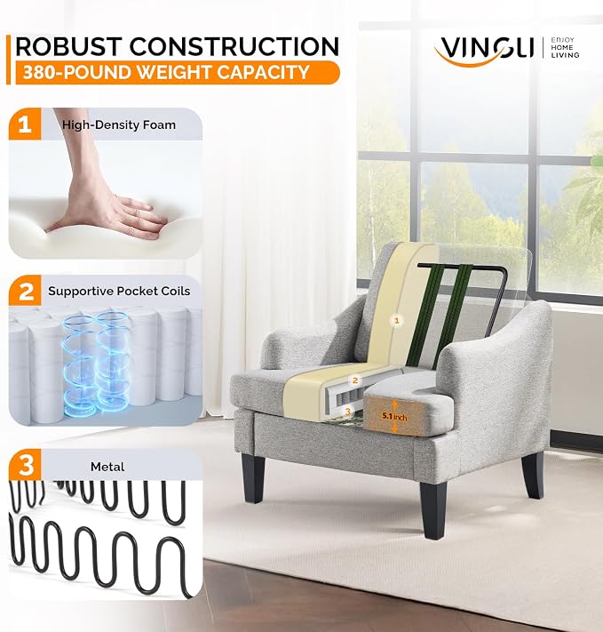 VINGLI Linen Fabric Accent Chairs Set of 2, Comfy Sofa Chair Living Room - Image 4