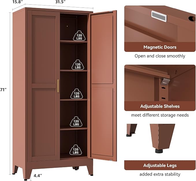 YAUWOH 71''Metal Cabinet with 4 Adjustable Shelves, 5-Tier Pantry Storage - Image 3