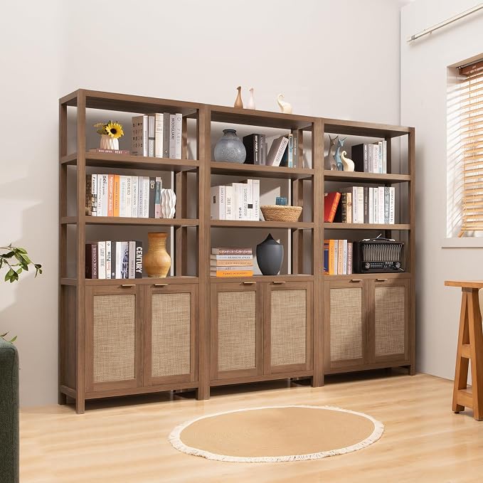 SICOTAS Bookshelf 5 Tier Book Shelf Rattan Boho 71" Tall Bookcase - Image 9