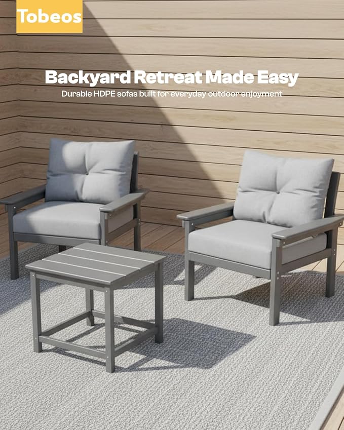 HDPE 3 Piece Patio Furniture Set, All-Weather Outdoor Couch Bistro Set - Image 7