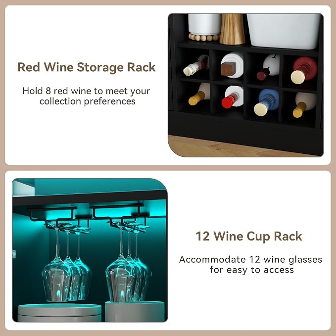 Wine Bar Cabinet with LED Light, Home Coffee Bar Cabinet with Wine and Glass - Image 7