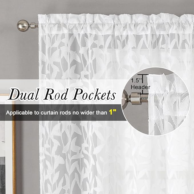 Lecloud Leia White Sheer Curtains 108 Inches Long 2 Panels, Airy Jacquard Leaf - Image 2