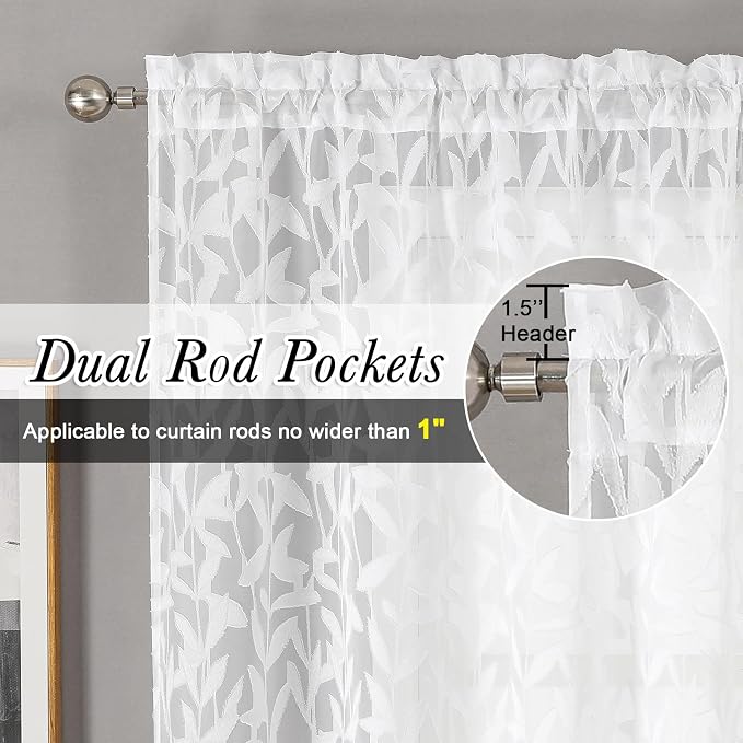 Lecloud Leia White Sheer Kitchen Curtains 30 Inch Length 2 Pcs, Jacquard Leaf - Image 5