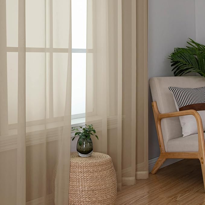 Chyhomenyc Taupe Sheer Curtains 54 Inch Long 2 Panels, Light Filtering Rod - Image 3