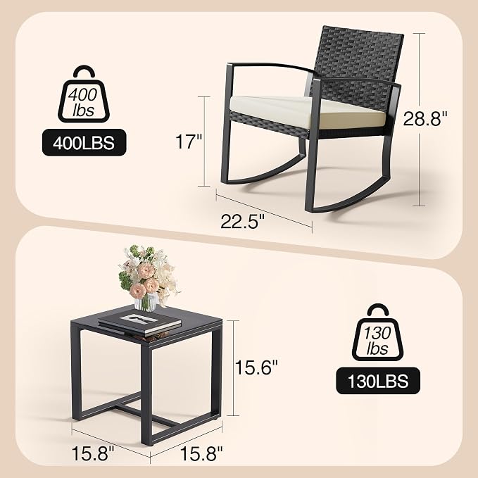 Qsun 3 Pieces Porch Furniture Set Patio Rocking Bistro Set Outdoor Patio Chairs - Image 2