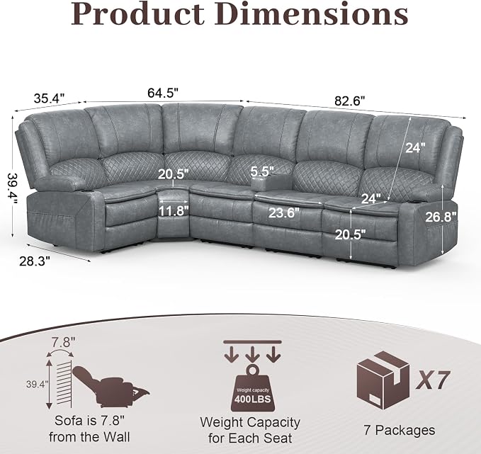 Yolsali Manual Reclining Sectional Sofa Set, 5 Seats 1+1+3 Leather Reclining - Image 2