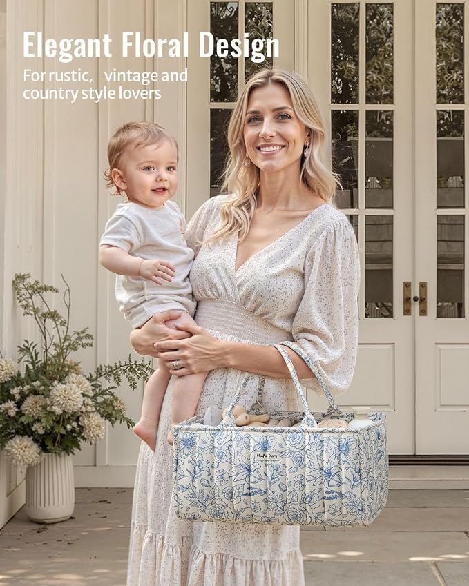 Blissful Diary Floral Diaper Caddy Organizer, Stylish Nursery Storage Basket - Image 7