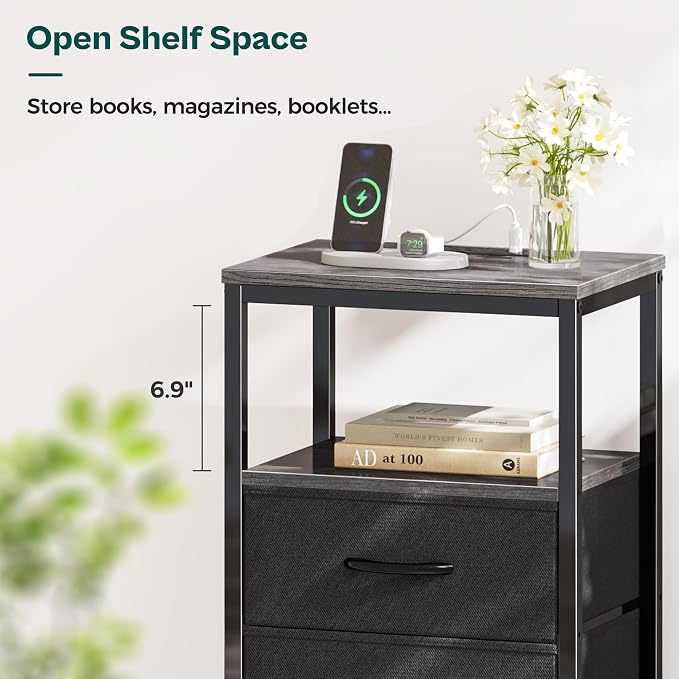 Huuger Nightstand with Charging Station, Side Table with Fabric Drawers - Image 6