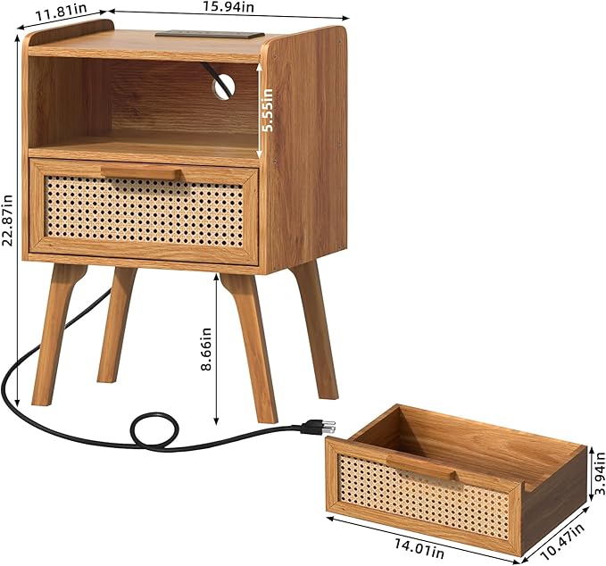 Lerliuo Rattan Nightstand with Charging Station, Side Table with Drawer - Image 3