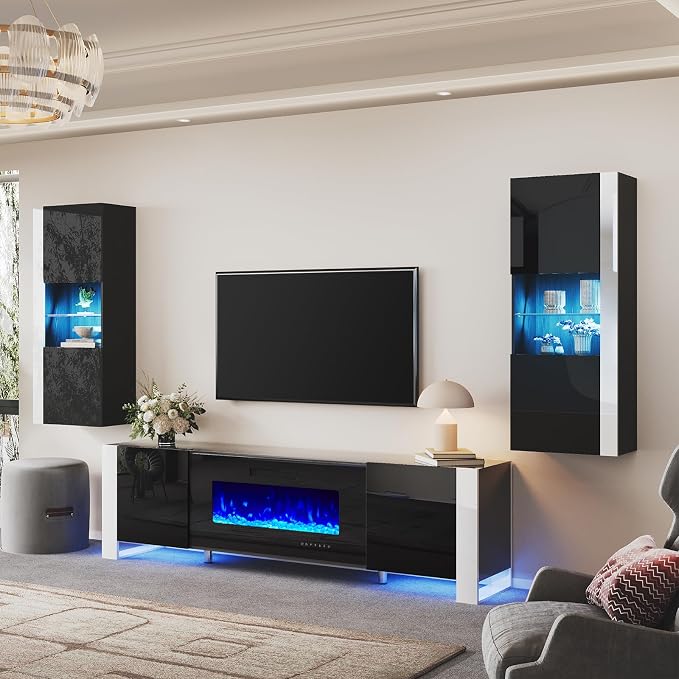 AMERLIFE 3-Piece Modern Wall Unit Entertainment Center Set, High Gloss 80" - Image 7