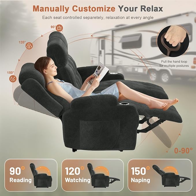 RV Loveseat Recliner Sofa, Massage Wall Hugger 3-Seater Recliners Couch - Image 5