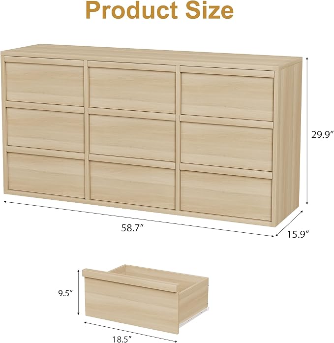 Garvee 9 Dresser for Bedroom, 58.7" Wide Dresser, Freestanding Horizontal Drawer - Image 2