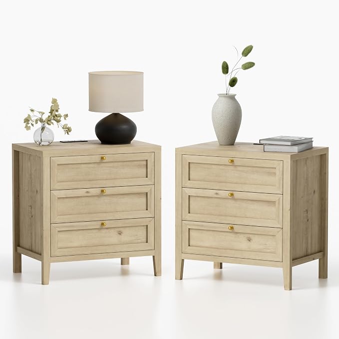 EYYTHUNG 3 Drawer Nightstand Set of 2, Farmhouse Large Bedside End Table by EYYTHUNG