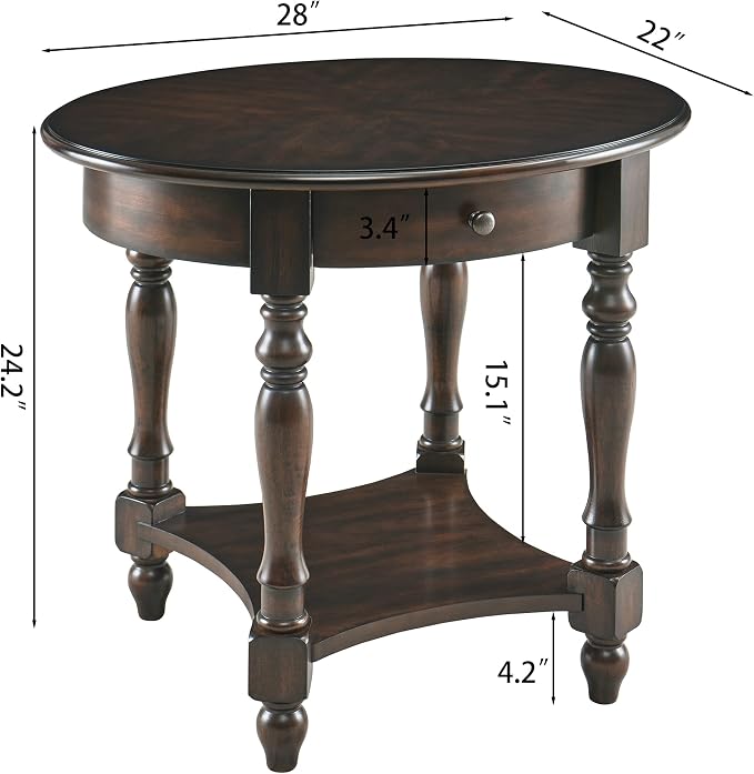 Oval End Table with Drawer, Solid Wood Sofa Side Table with Storage Shelf - Image 2